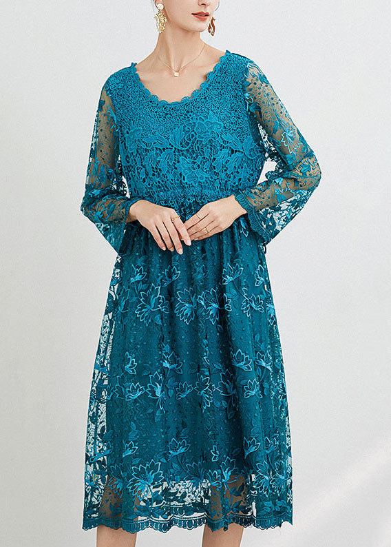 Blue O Neck Embroideried Patchwork Long Dresses Spring