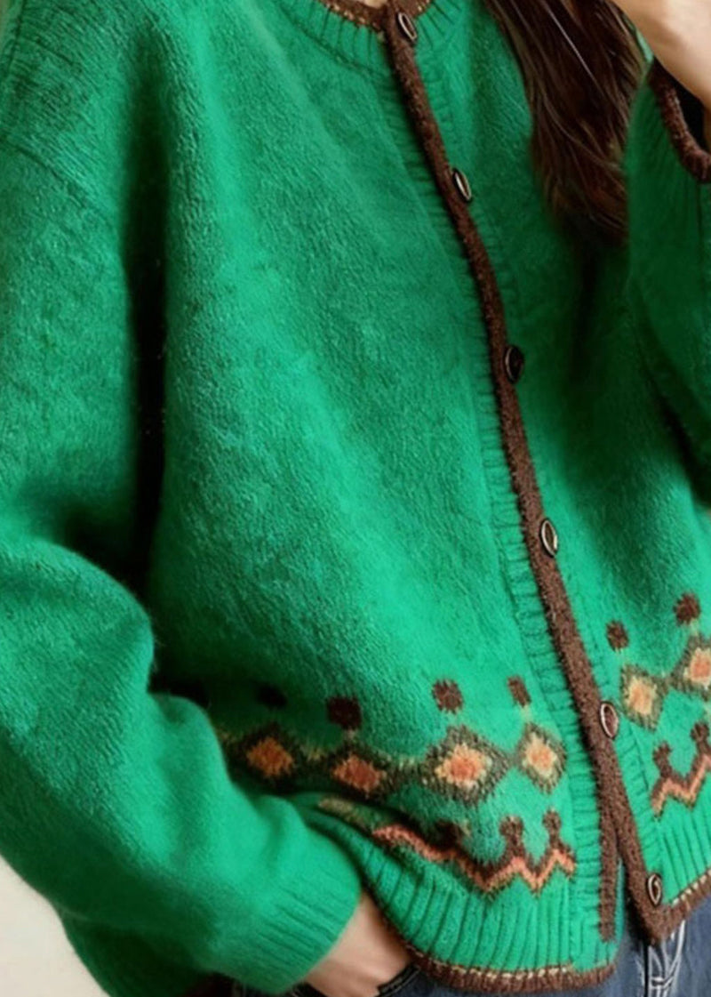 Stylish Green O-neck Print Button Cotton Knit Cardigan Fall