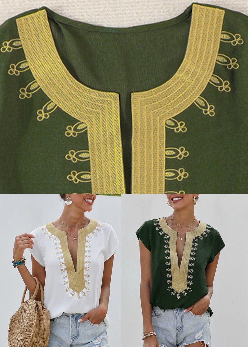 Green V Neck Patchwork Shirts Summer