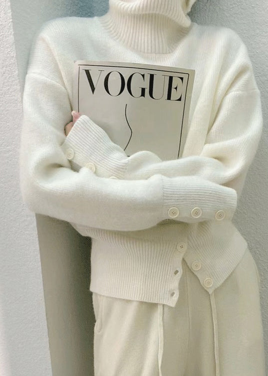 Italian Coffee Hign Neck Button Open Patchwork Knit Sweater Fall