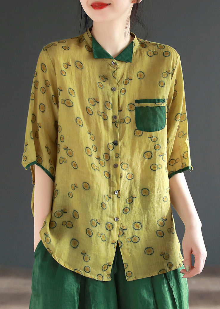 Yellow Stand Collar Print Button Ramie Shirts Half Sleeve