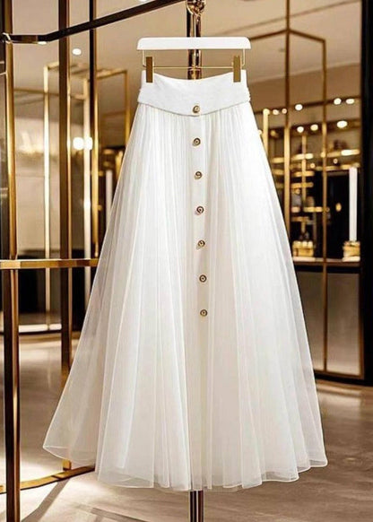 White Single Breasted Patchwork Tulle a Line Skirt Fall