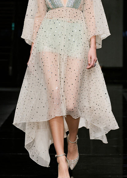 Beige Sequins Sheer Tulle Beach Dresses Summer