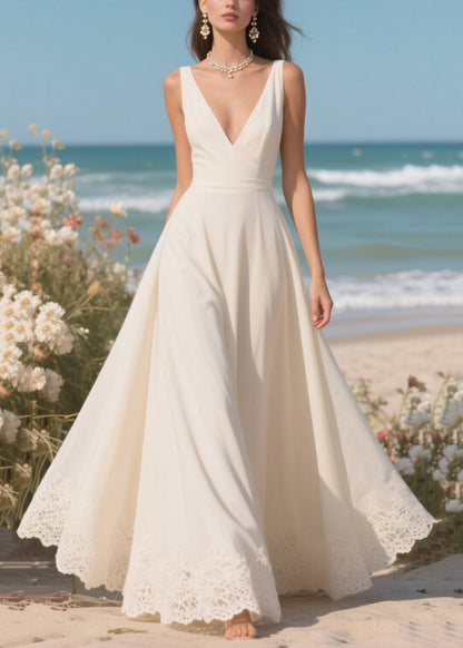 White V Neck Exra Large Hem Draping Chiffon Dresses Summer