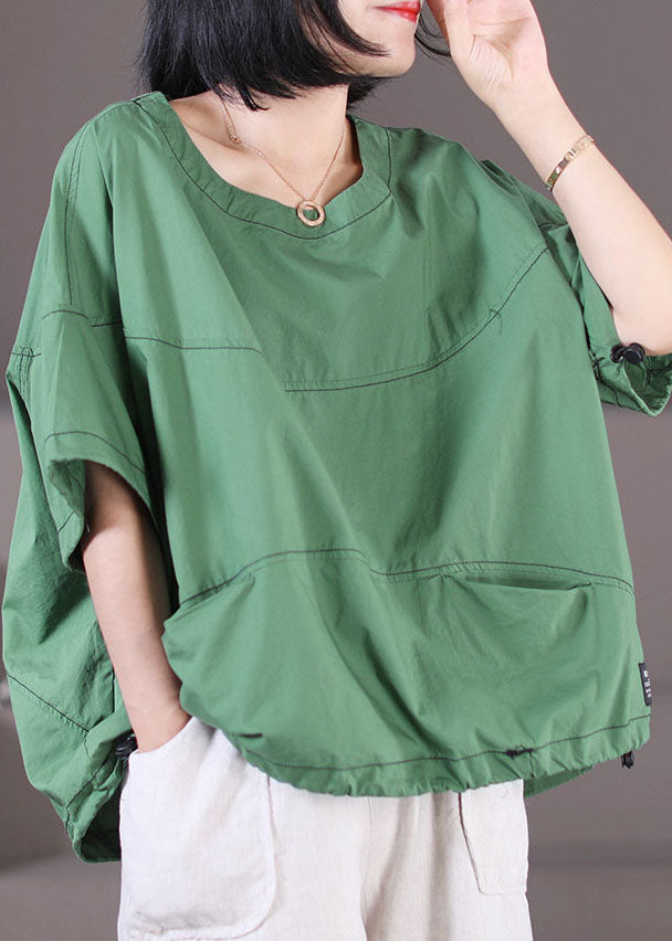 Green Pockets Cotton Tank Tops O-neck Drawstring Short Sleeve
