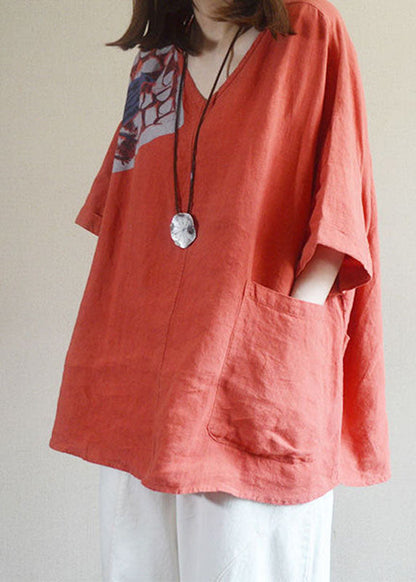 Red V Neck Loose Pockets Fall Shirt Tops Half Sleeve