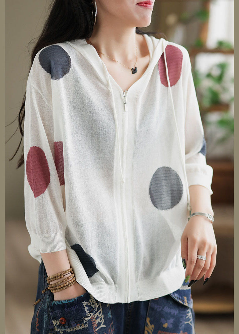 White Dot Print Knit Upf 50+ Coat Jacket Hooded Drawstring Spring