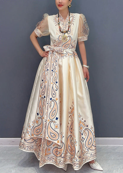 Beige Print Pockets Silk Long Dress Summer