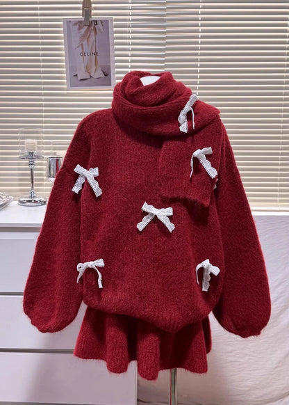 Red Oversized Bow Knit Three-piece Set Winter