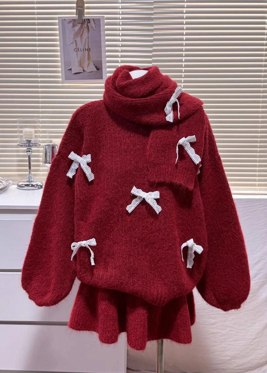 Red Oversized Bow Knit Three-piece Set Winter