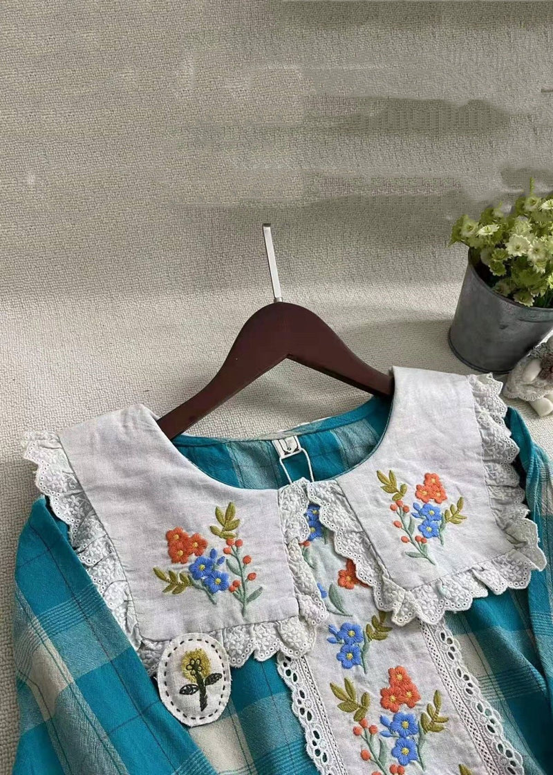 Blue Plaid Embroideried Patchwork Cotton Dress Spring