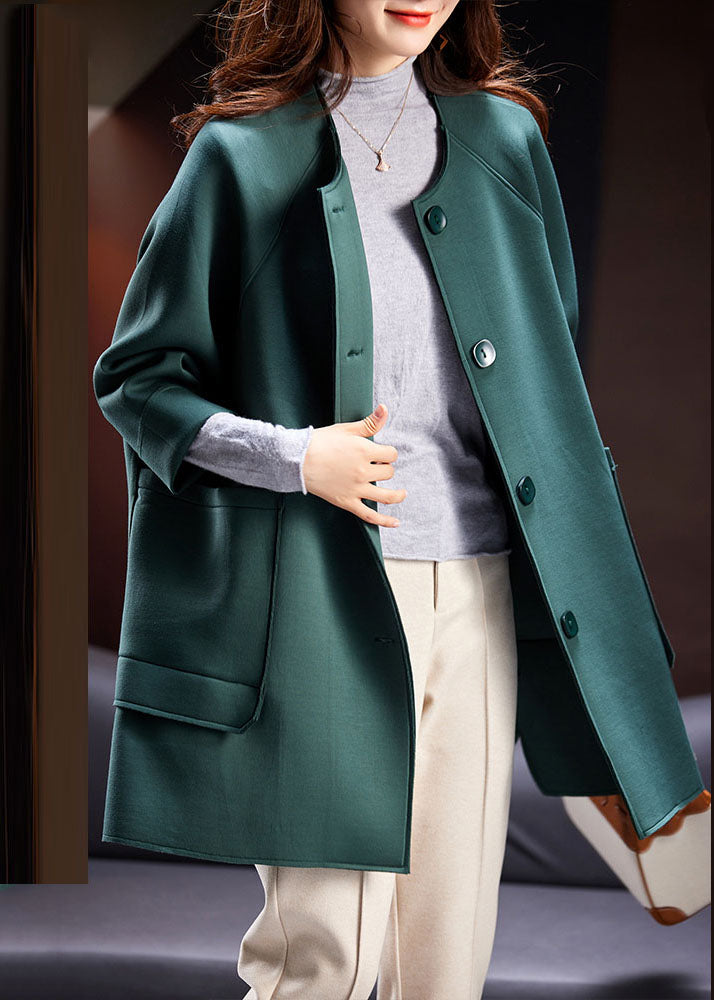 Loose Black O-neck Pockets Button Coats Long Sleeve