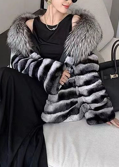Art Striped Rabbit Hair Collar Leather and Fur Coat Winter