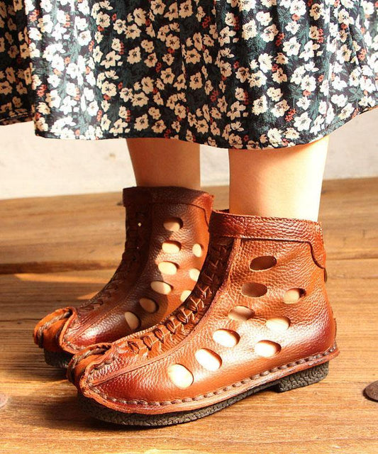 Hollow Out Boots Brown Cowhide Leather