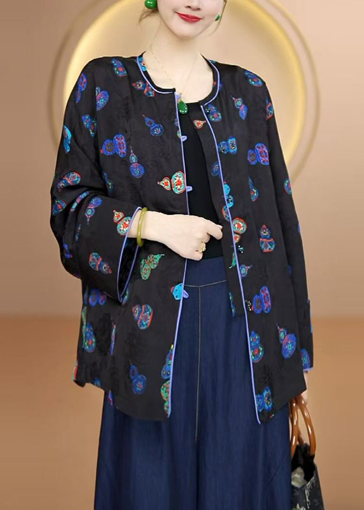 Black O Neck Print Button Silk Cardigans Fall