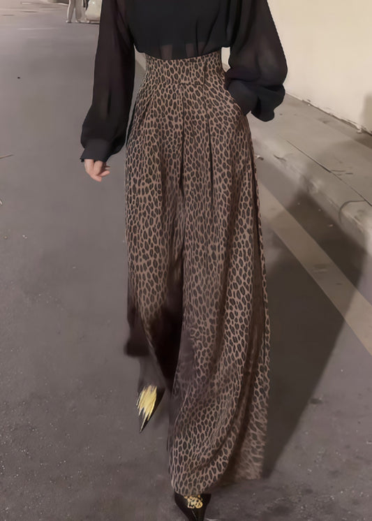 Leopard Pockets High Waist Cotton Wide Leg Pants Fall