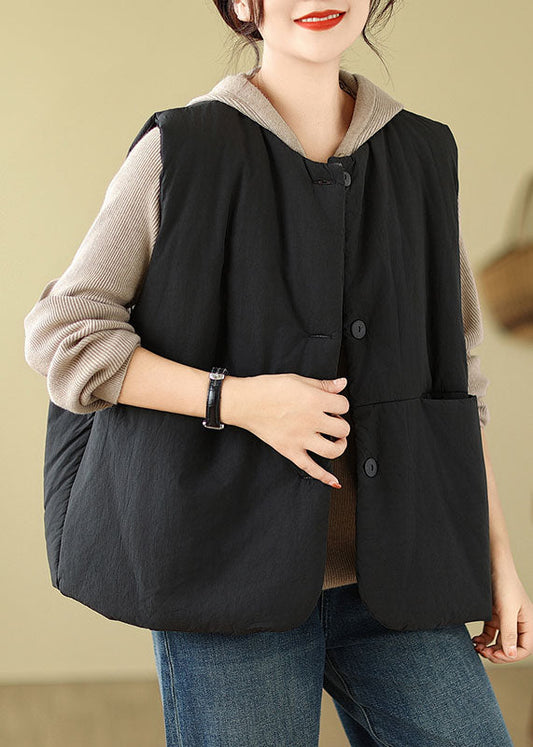 Black Pockets Patchwork Button Hooded Jacket Waistcoat Winter