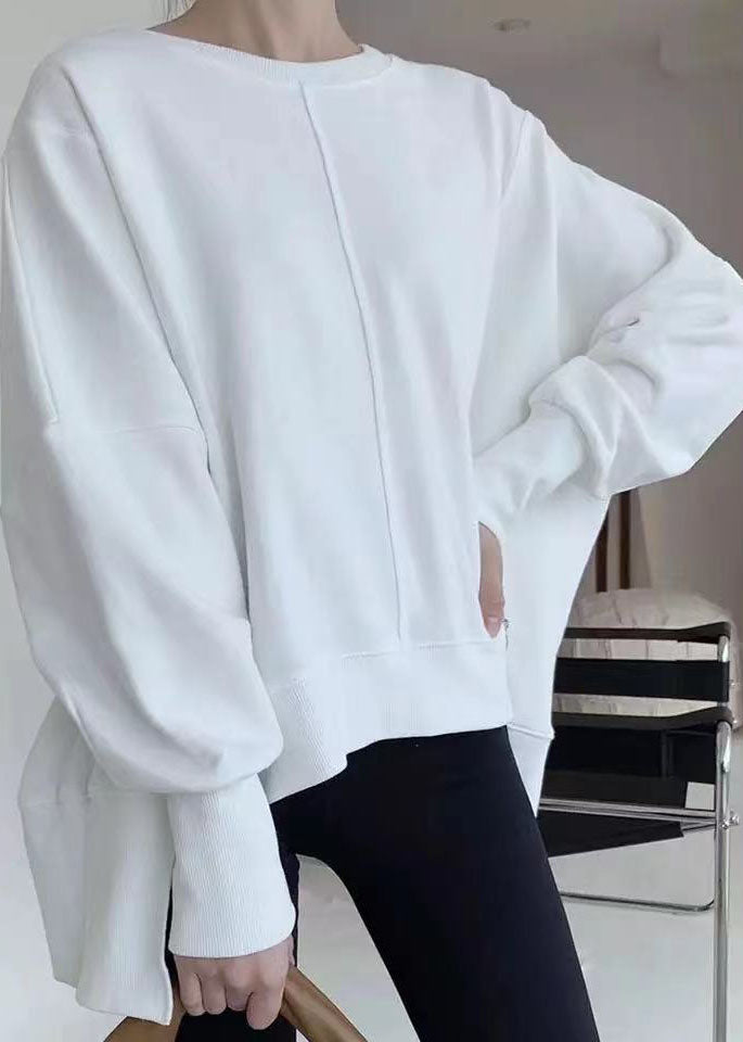 White Asymmetrical Patchwork Cotton Pullover Spring