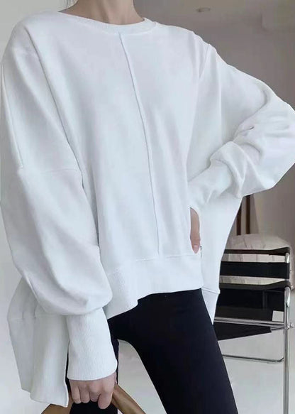 White Asymmetrical Patchwork Cotton Pullover Spring