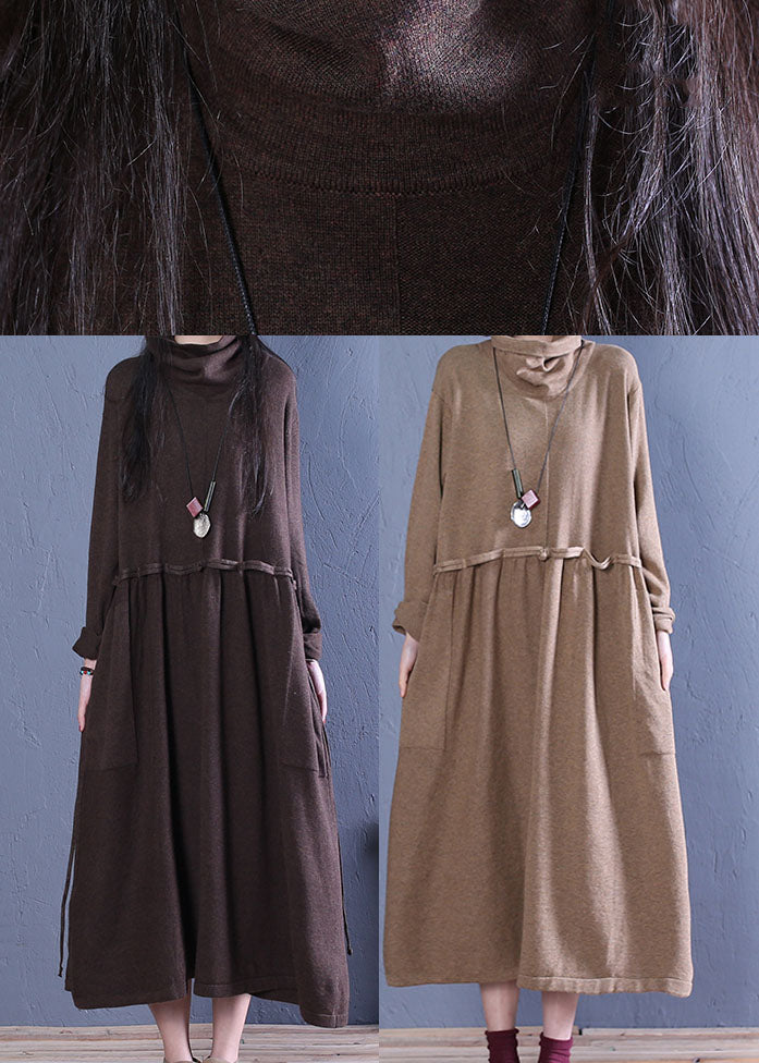 Khaki Turtle Neck Patchwork Knit Dresses Spring