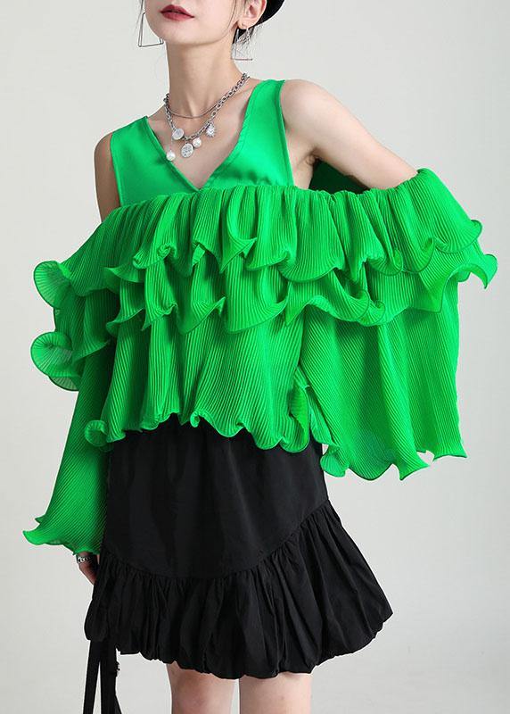 Green Asymmetrical Design Ruffled Cold Shoulder Chiffon Top Long Sleeve