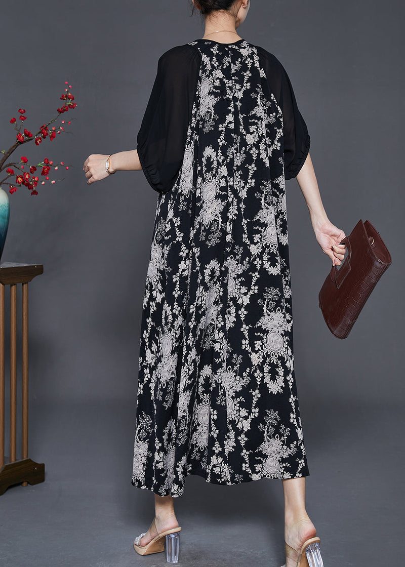 Black Tasseled Print Chiffon Holiday Dress Summer