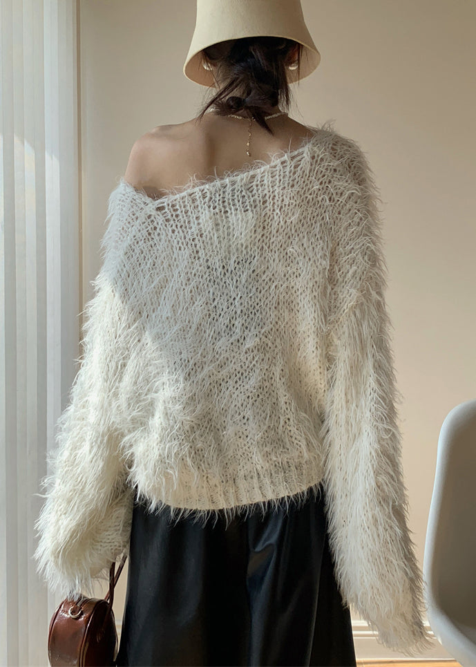 White Fluffy Hollow Out Knit Sweaters Winter