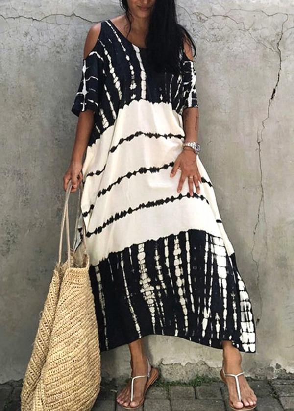 French Black White Tie Dye Cold Shoulder Kimono Robe Cotton Dress
