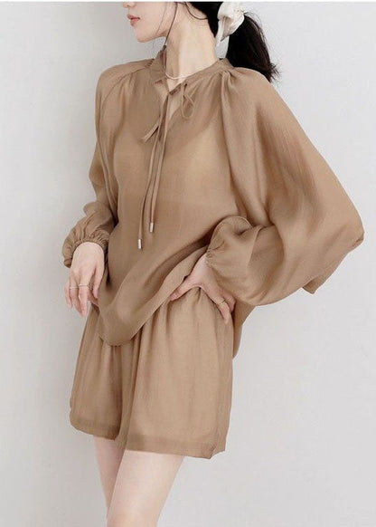 Khaki Stand Collar Color Cotton Two Pieces Set Summer