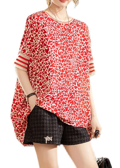 Modern Red O-neck Print Low High Design Chiffon Tops Short Sleeve