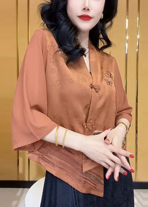 Green V Neck Button Silk Shirts Bracelet Sleeve