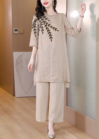 Beige Linen Dress Two Pieces Set Embroidered Side Open Summer