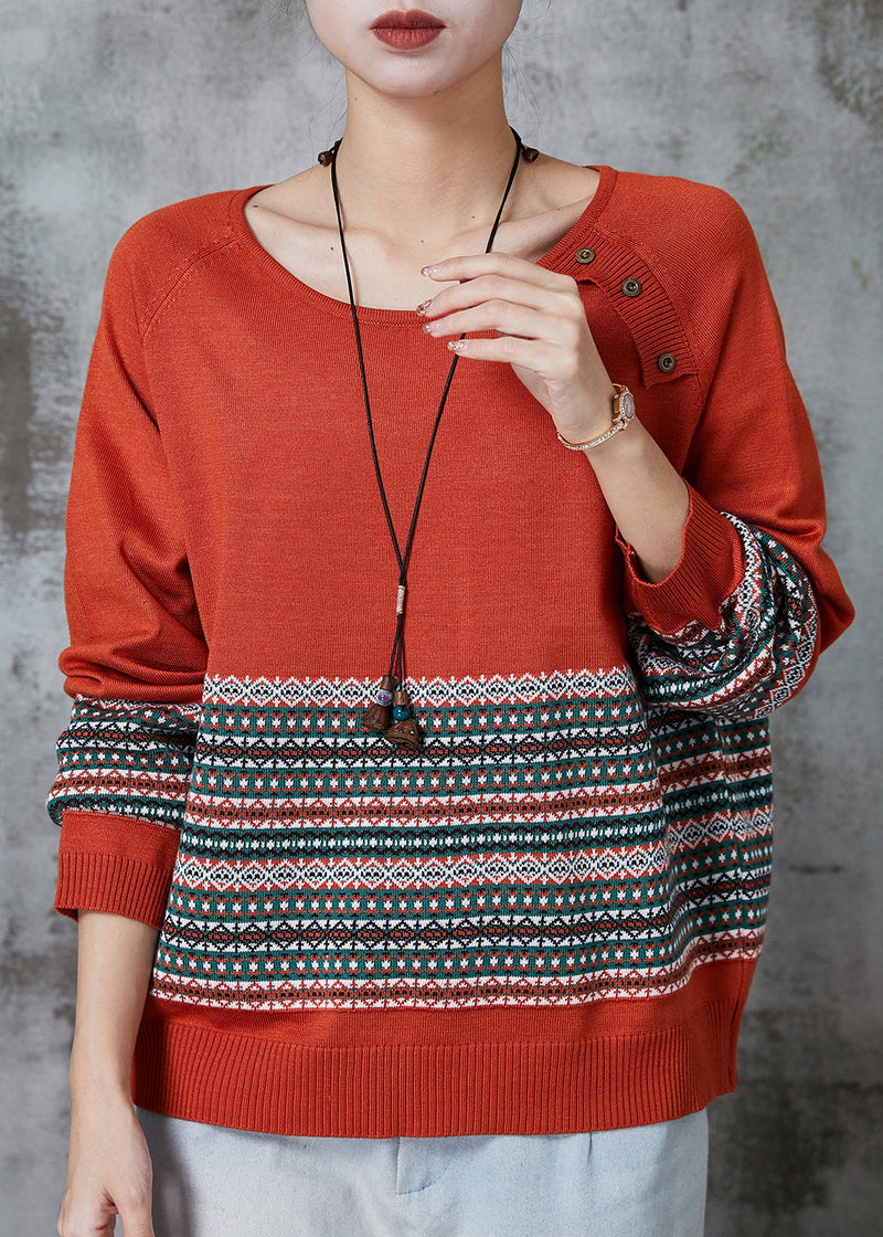 Orange Striped Knitted Tops O-neck Oversized Spring