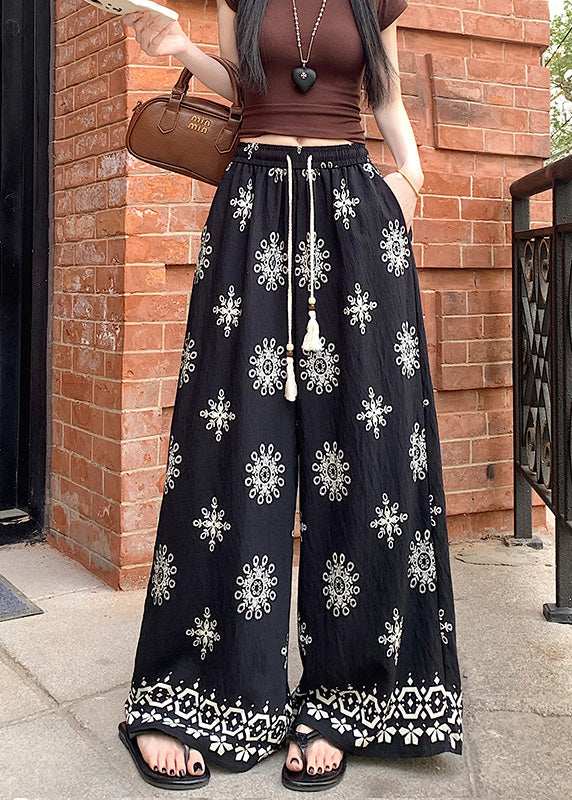 Apricot Print Elastic Waist Cotton Wide Leg Pants Summer