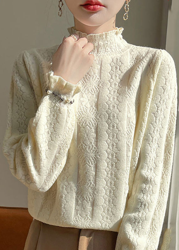 Jacquard Beige Turtleneck Cozy Cotton Knitted Tops Winter