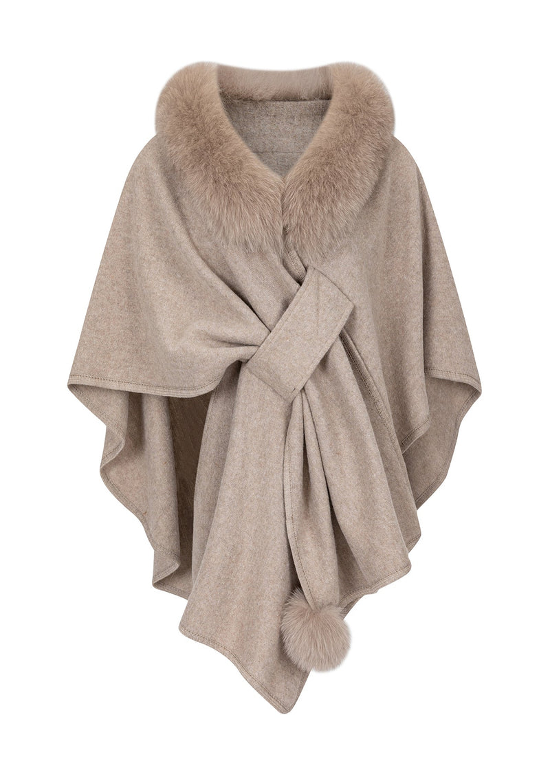 New Brown Fox Fur Grass Shawl Woolen Coat Cloak Bat Sleeve