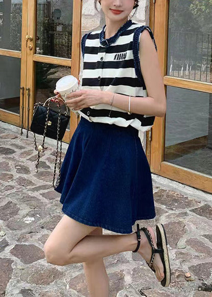 Stylish O-neck Striped Denim Patchwork Cotton Two Pieces Set Summer
