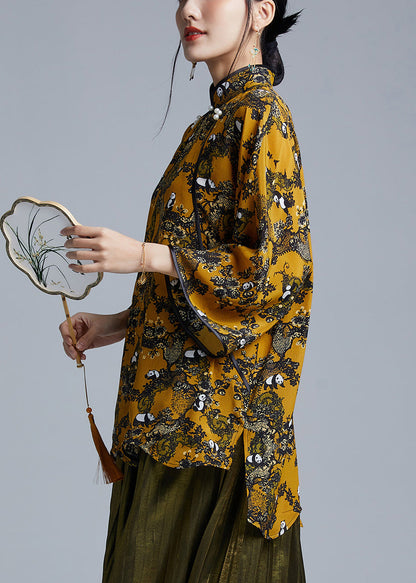 Yellow Stand Collar Button Low High Design Silk Shirts Spring