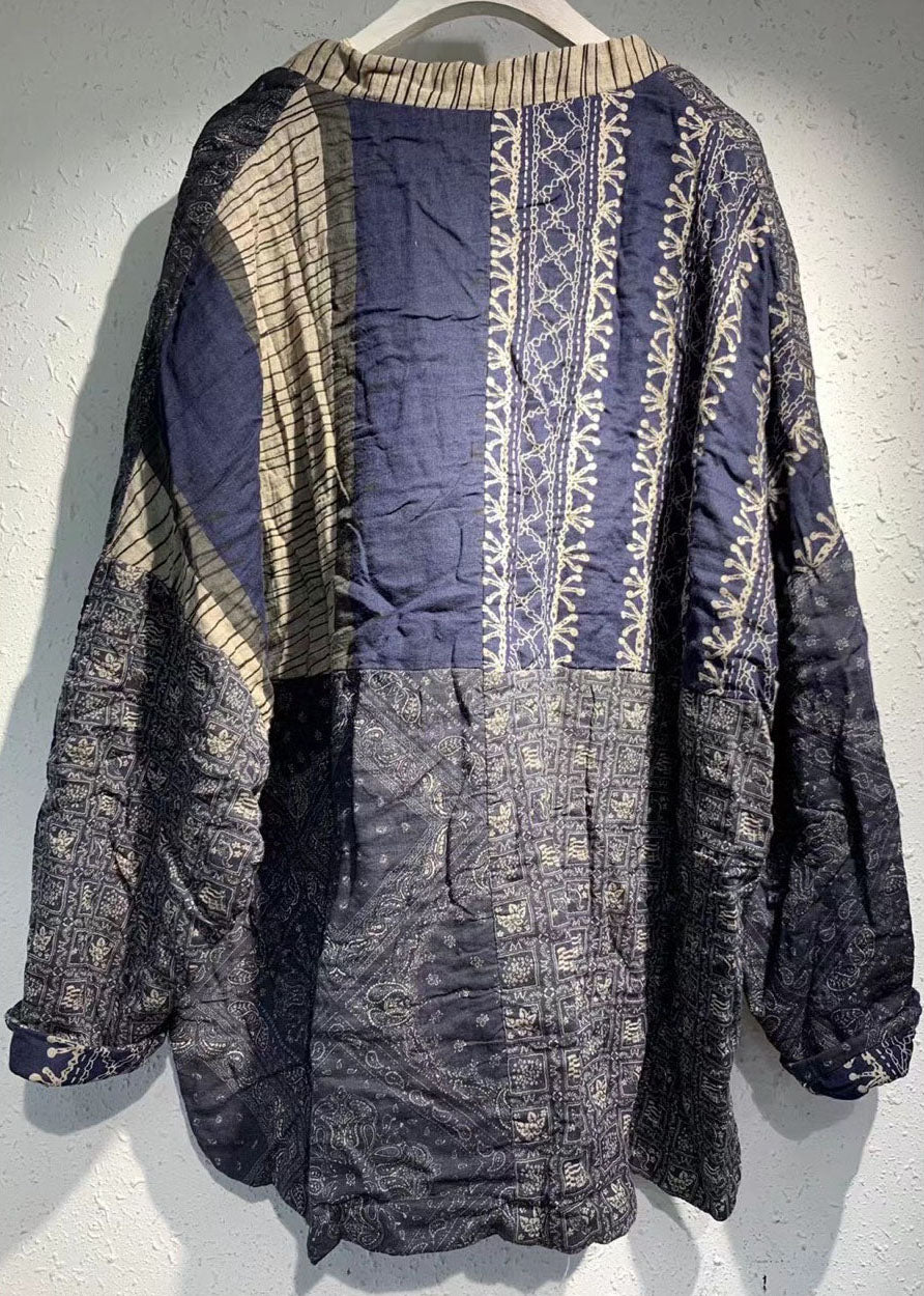 Diy Blue Print Patchwork Pockets Tie Waist Fall Top