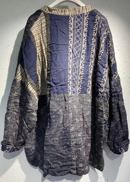 Diy Blue Print Patchwork Pockets Tie Waist Fall Top