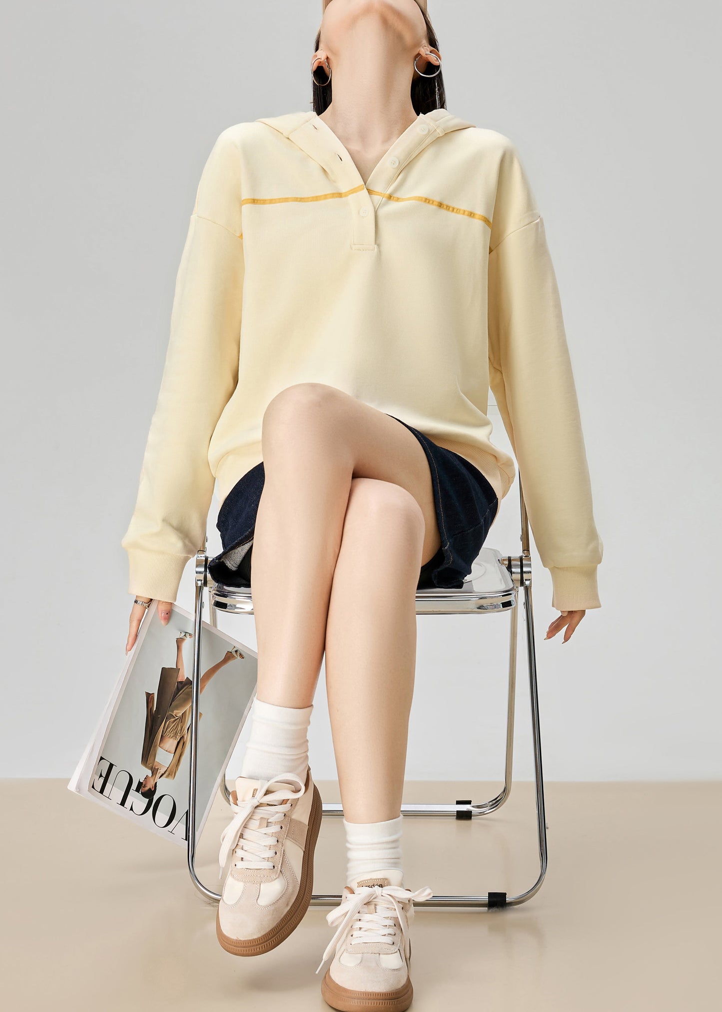 Yellow Hooded Button Cotton Sweatshirt Fall