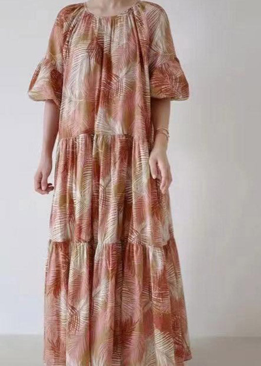 Black O-neck Print Long Dress Short Sleeve
