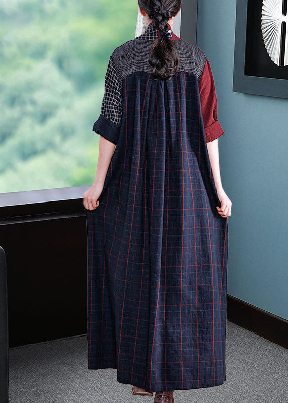 Long Sleeve V-neck Loose Plaid Patchwork Maxi Dress
