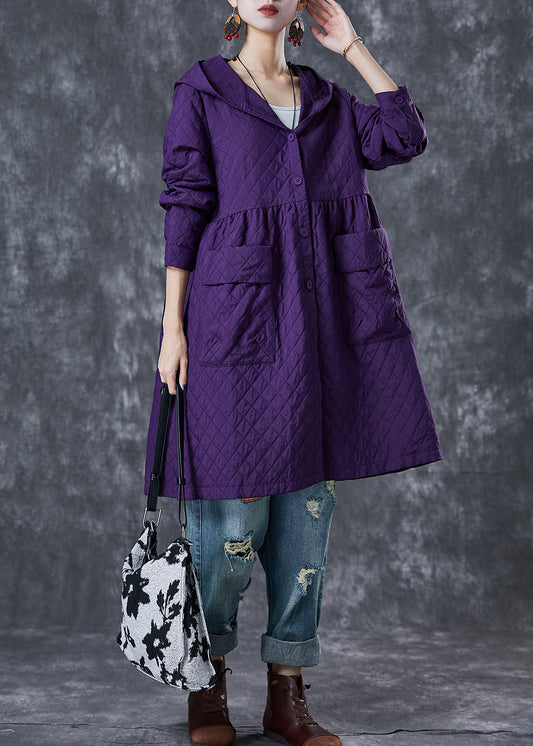 Purple Hooded Pockets Cotton Tench Coats Fall