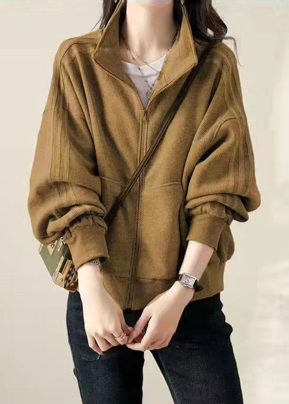 Khaki Zip Up Pockets Patchwork Cotton Coat Fall
