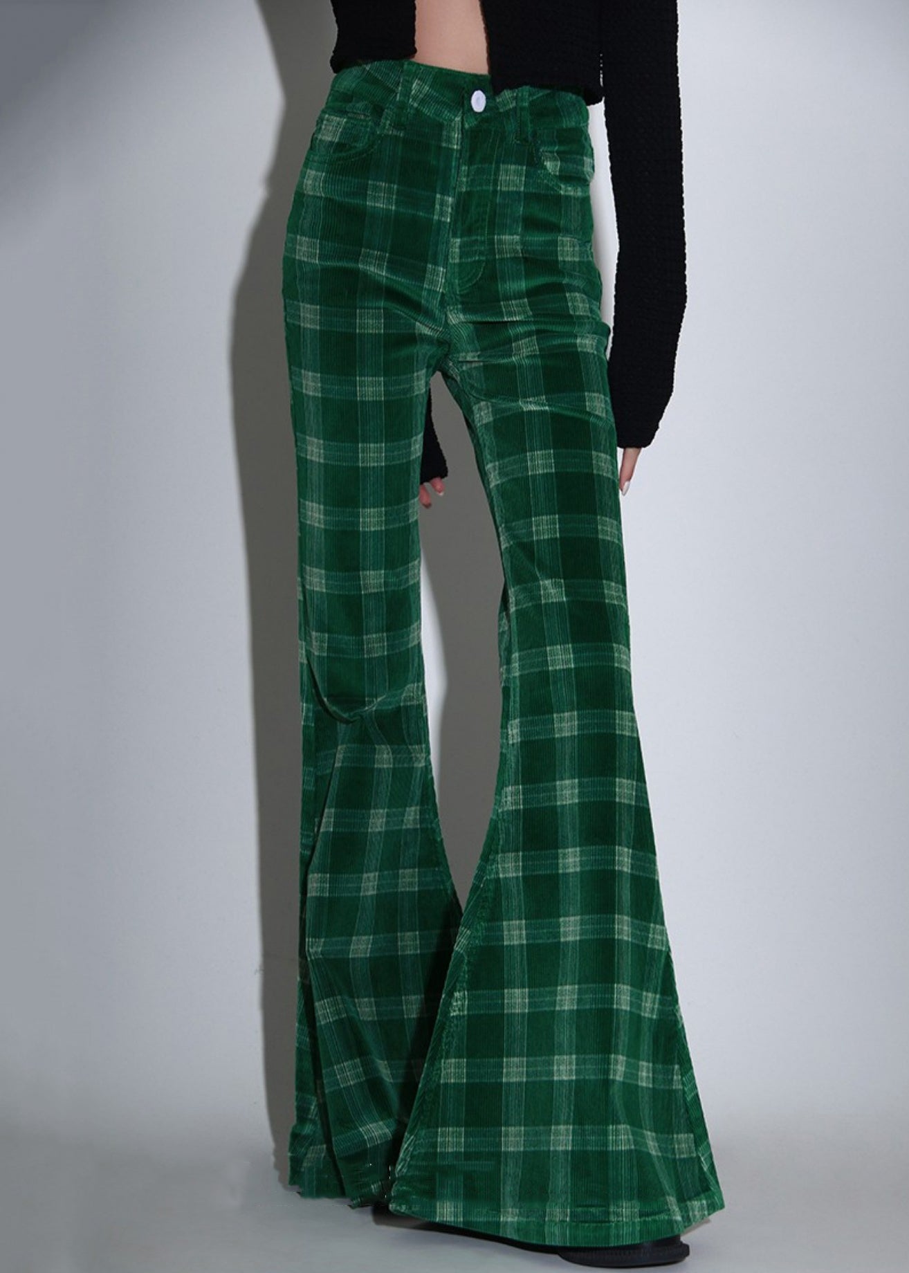 Green Plaid Pockets Corduroy Flare Bottoms Spring