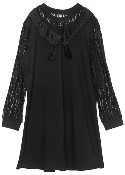 Black Oversized Lace Patchwork Hollow Out Spandex Dress Spring