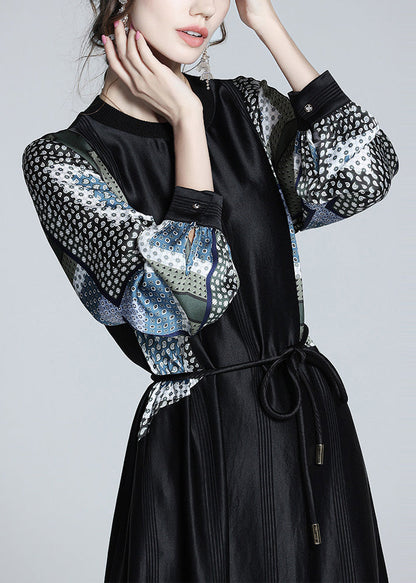 Black O-neck Print Patchwork Tie Waist Satin Vacation Long Dresses Long Sleeve