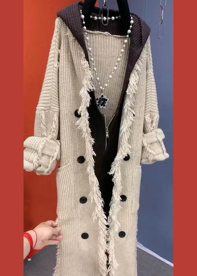 Beige Tasseled Patchwork Knit Hooded Coat Fall