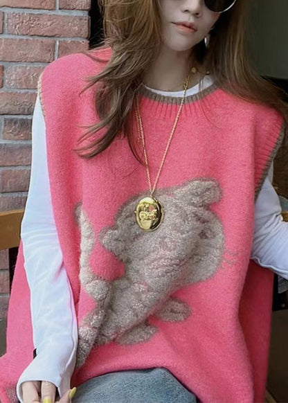 Watermelon Red O Neck Cozy Knit Waistcoat Sleeveless